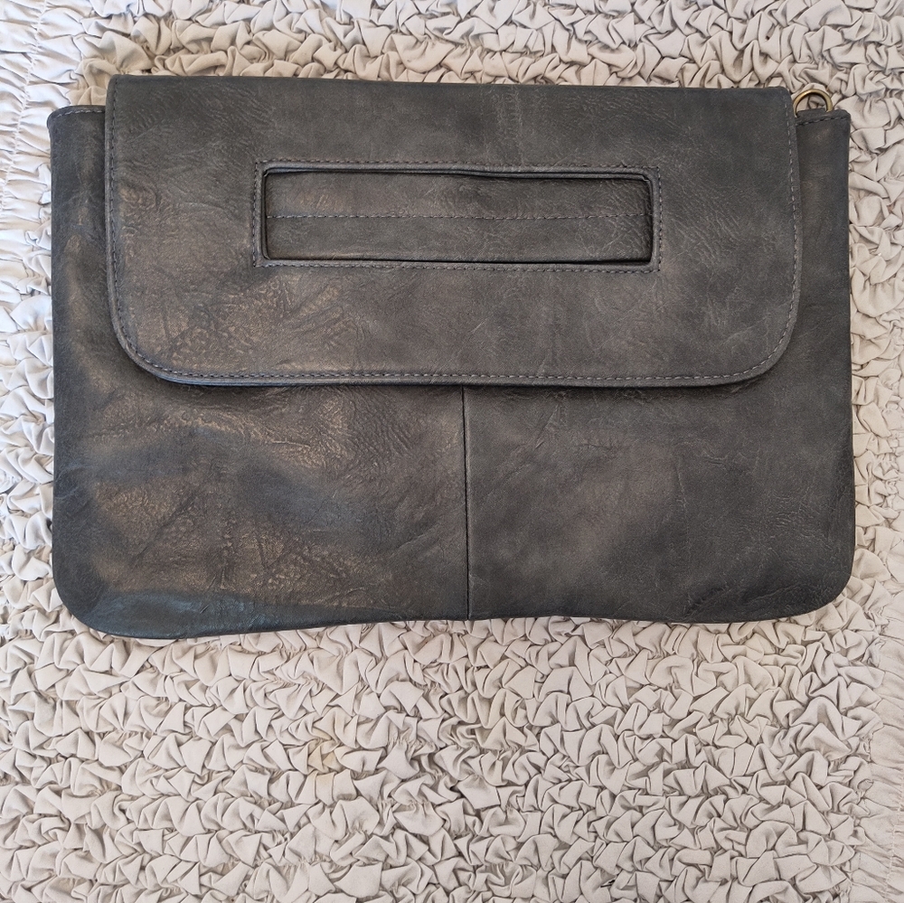 GRAY Vegan Leather Clutch Laptop Crossbody Bag with Detachable Strap Brand New